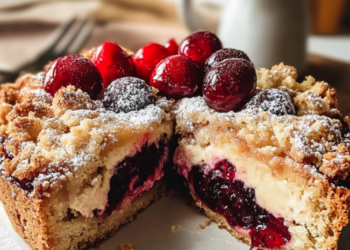 Feuerwehrkuchen mit Kirschen und Sahne