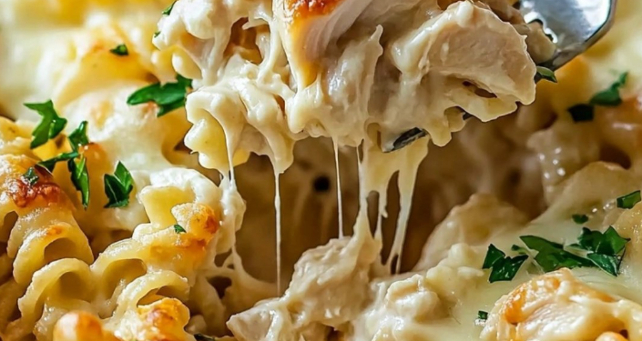 Knuspriger Nudel-Hähnchen-Auflauf mit Knoblauch und Parmesan