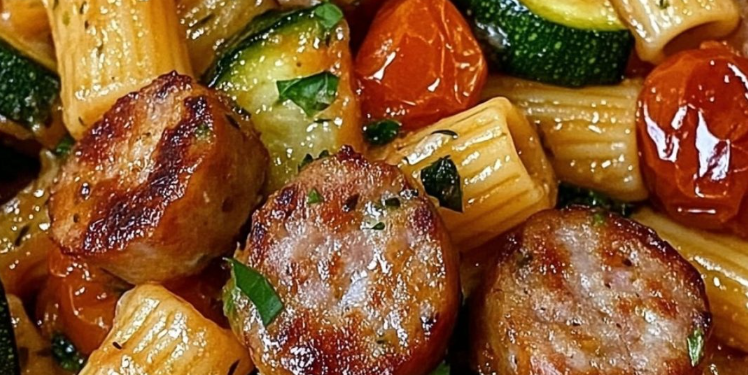 Hähnchenwurst mit Zucchini, Tomaten und Pasta